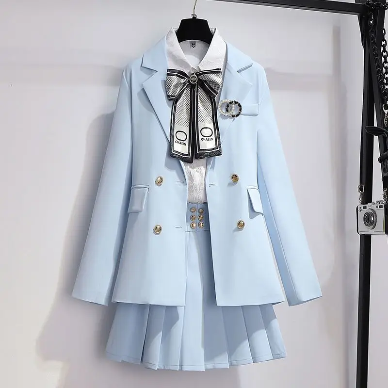 

Women Dress Suit Set Preppy Style High School Class Girl Student Uniform Blazers Clothes Pleated Skirt
