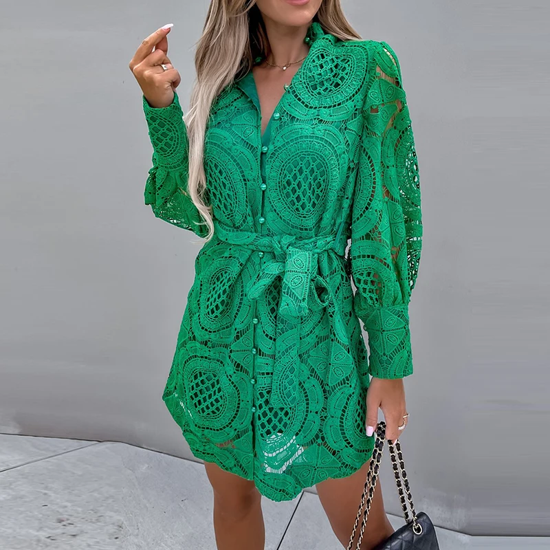 

Elegant Casual Women V Neck Long Sleeve Single Breasted Dress Stand Collar Lace Up Mini Dress Sexy Solid Lace Hollow Party Dress