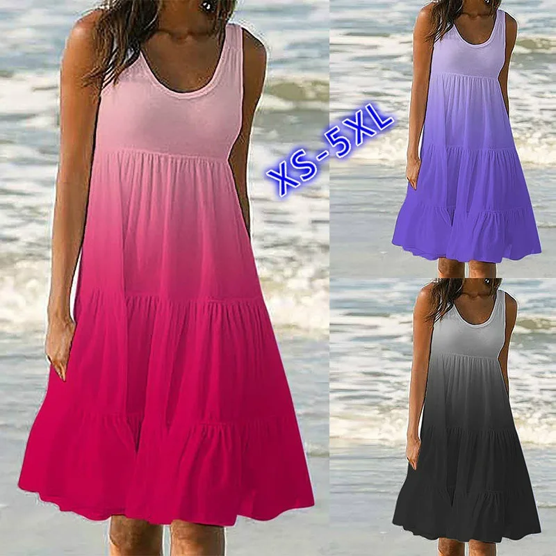 

2022 New Women Gradient Color Sleeveless Temperament Cake Dress Hot Sales Beach Summer Loose Pleated Sundress Women Solid Color