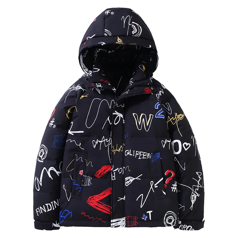 Winter new printed tide brand down jacket men's thickened warm hooded couple casual graffiti bread jacket