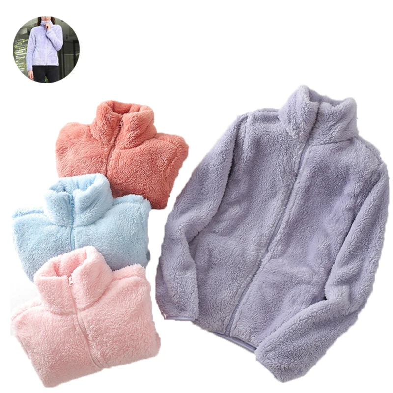 

New Winter Women Coral Polar Fleece Jacket Double-Sided Soft Men's Thickened Outwear Lovers Stand Collar Loose Warm Zipper Coat