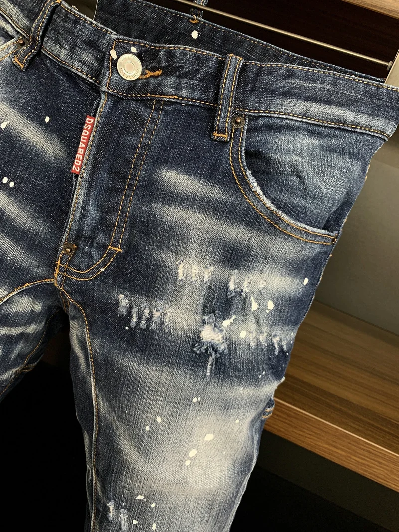 DSQUARED2 Men's/Women's Jeans Fashion Blue Pocket Slim Fit Micro-Elastic All-Match Trousers With Small Feet  A378