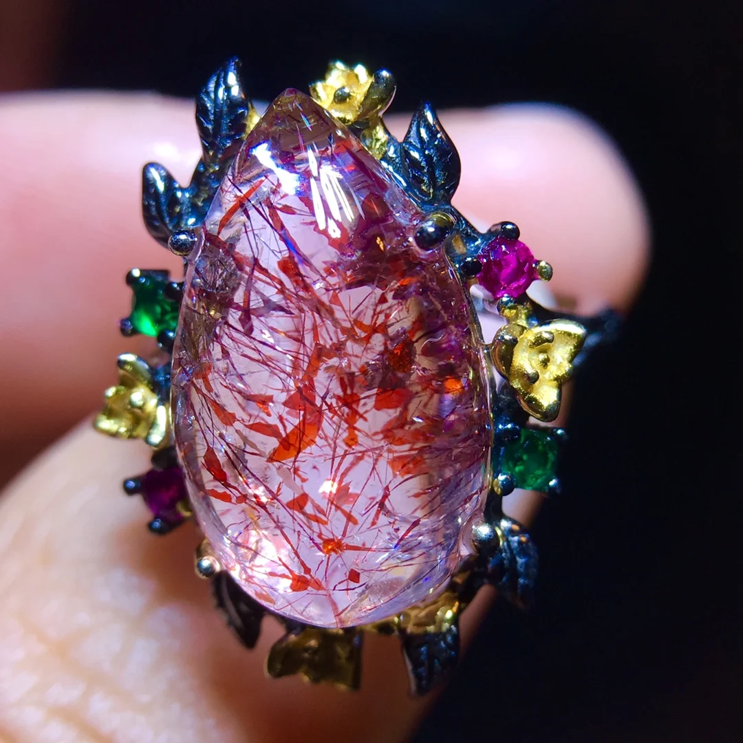 

1Pcs/Lot Natural Gold Strawberry Crystal Ring 925 Sterling Silver Adjustable Size Gift Man Woman Jewelry Anillos Mujer Bague