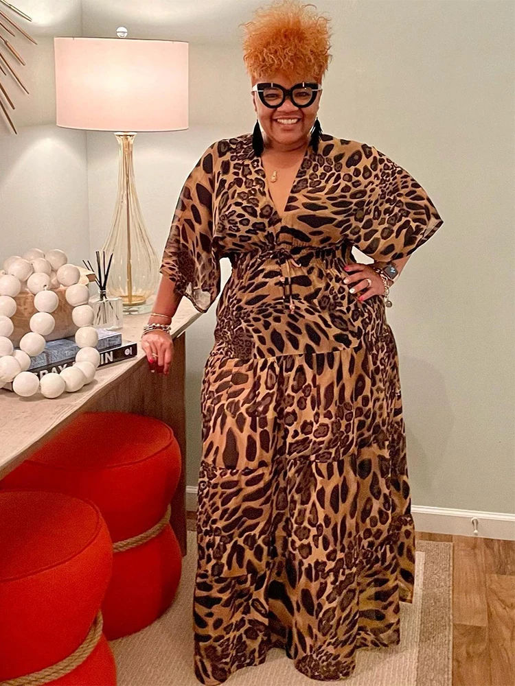 

ZJFZML ZZ Plus Size Dresses Women's Clothing Vintage Leopard Print Deep V Neck Half Sleeve Fit and Flare Maxi Dress Wholesale