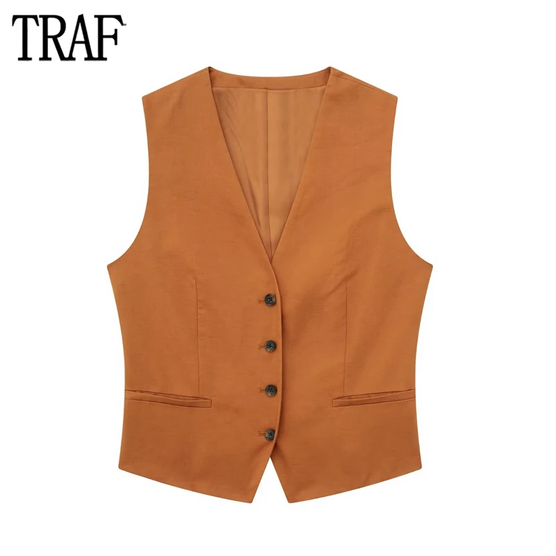 

TRATRAF Orange Sleeveless Vests for Women Button Up Jacket Woman Summer Cropped Waistcoat Women Streetwear Basics Women's Vest