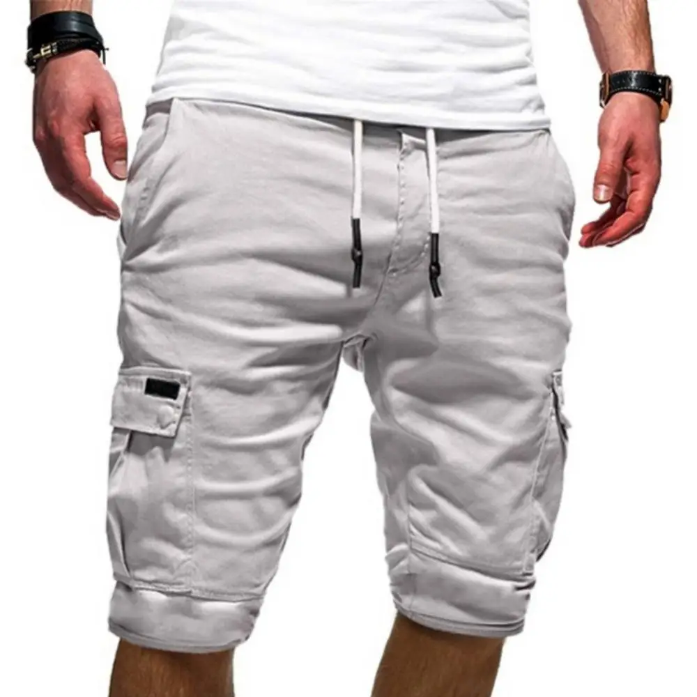 

Men Stylish Summer Solid Color Multi Pockets Drawstring Fifth Pants Beach Shorts Quick Dry Drawstring Beach Shorts Sports Shorts
