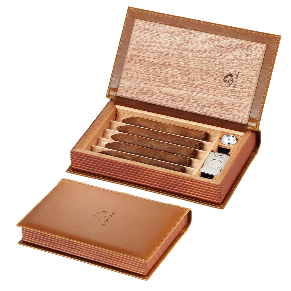 GALINER Travel Cigar Box Humidor Accessories Cigar Case Leather Cedar Wood Box With Hygrometer Cutter Set Luxury