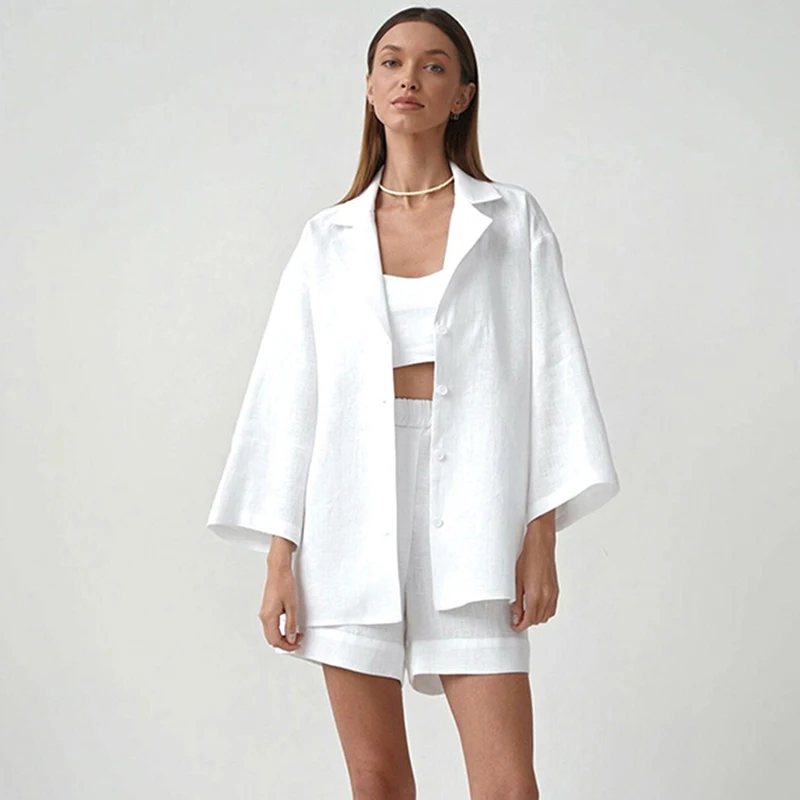 

100% Cotton 2 Piece Sets Womens Outfits Turn Down Collar Long Sleeve Button Up Shirt And Shorts Suit Ensemble Femme