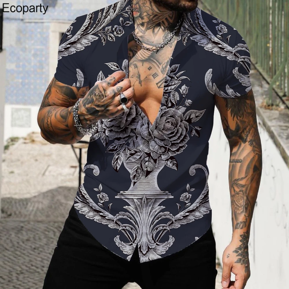 

New Men's Hawaiian Beach Shirt Summer Luxurious Print Sexy V Neck Short Sleeve Shirt Men Holiday Vacation Fashion Tops Plus Size