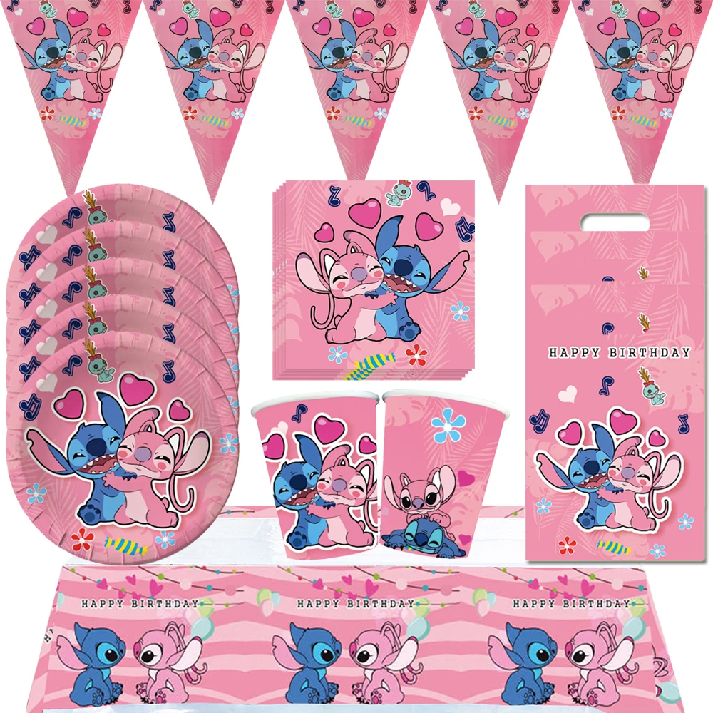 

Pink Stitch Disney Girls Birthday Party Decorations Disposable Tableware Baby Shower Supplies Plate Cup Napkin Lilo & Stitch