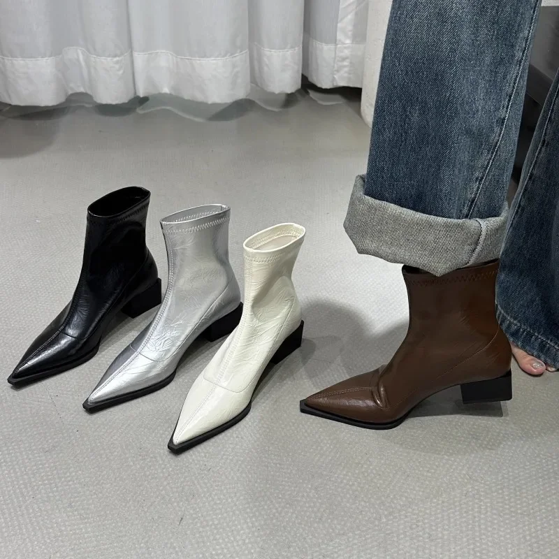 Pointed Toe Women's Boots Luxury Ladies Heels Shoes 2024 New Women Fashion Design Argent Short Boot Square Low Heel