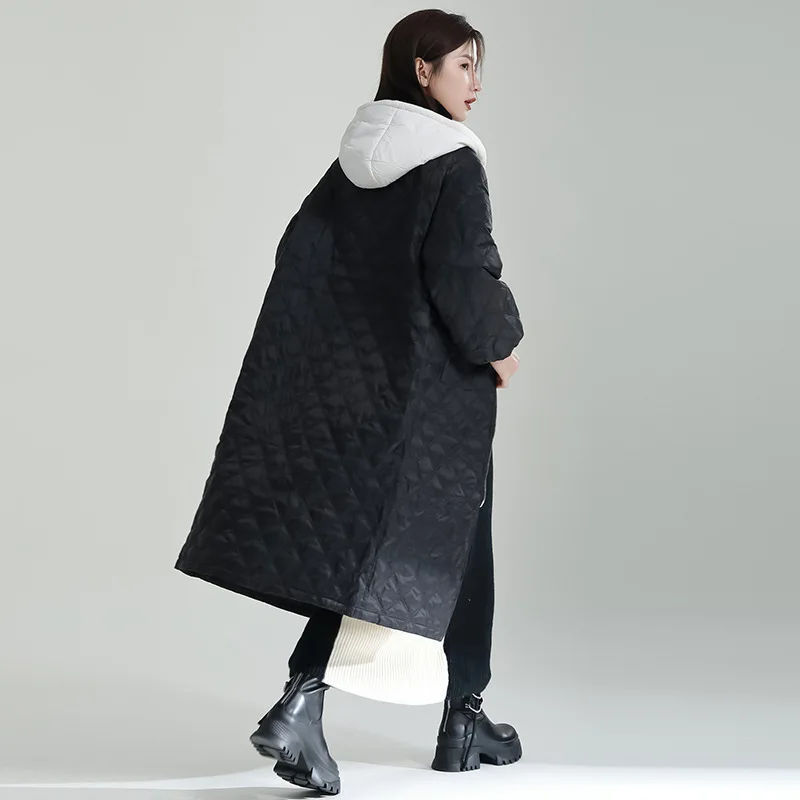 2022 Winter New Rhombus Hooded Down Jacket Collision Color In The Long Section of Thin Cotton Jacket Women