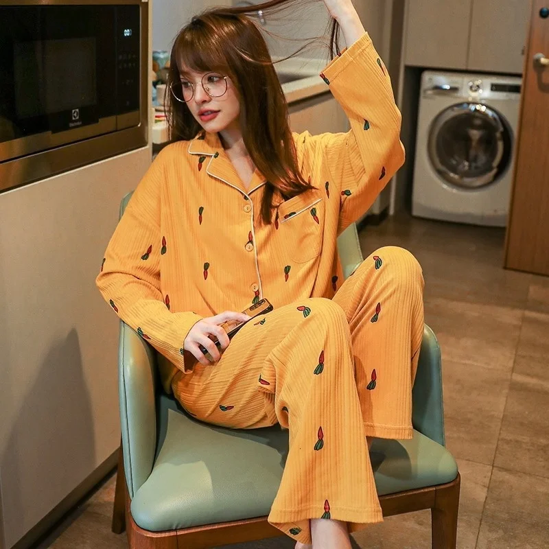 2022 new style pajamas women's cardigan long sleeved trousers pure cotton lapel leisure spring clothes can be worn out