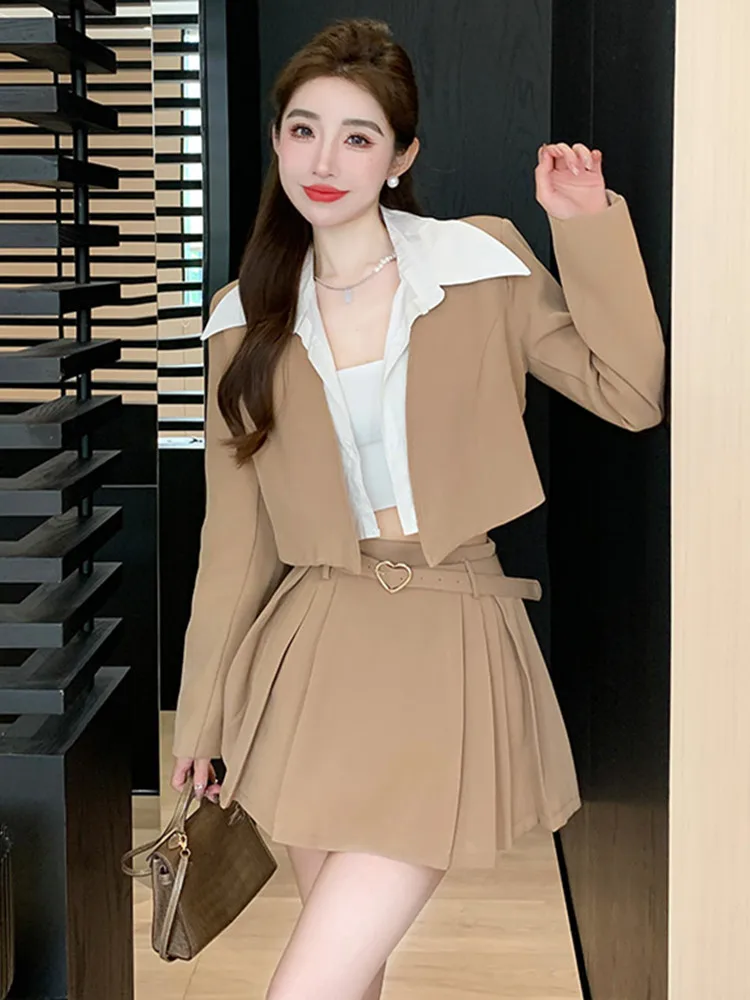 

Корейский Модный повседневный комплект из двух предметов, женский короткий пиджак с имитацией двух предметов, короткий топ + мини-юбка, кост...