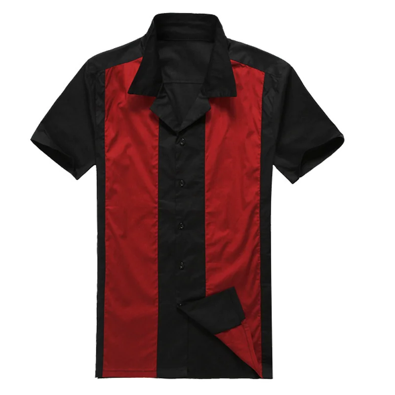 

50s Men's Plus Mens Size Bowling Dress Shirts Short Sleeve Patchwork Rockabilly Style Casual Cotton Blouse Male Clothing