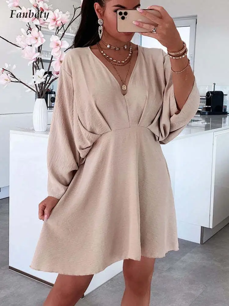 

Women Sexy Deep V Neck Loose Mini Dress Fashion Batwing Long Sleeve Solid Party Dresses 2022 Elegant Pleated Casual A-Line Dress