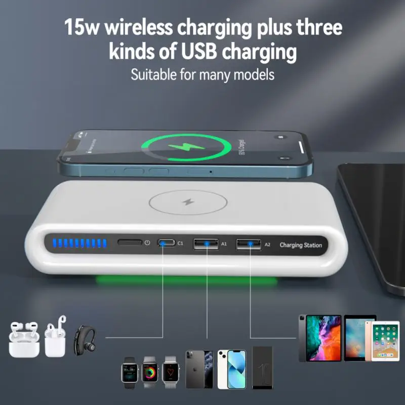 

Usb Type C Fast Charger 4 In 1 With Ambient Light Charging Pad 15w Multifunctional Charging Dock Station Wireless Charger