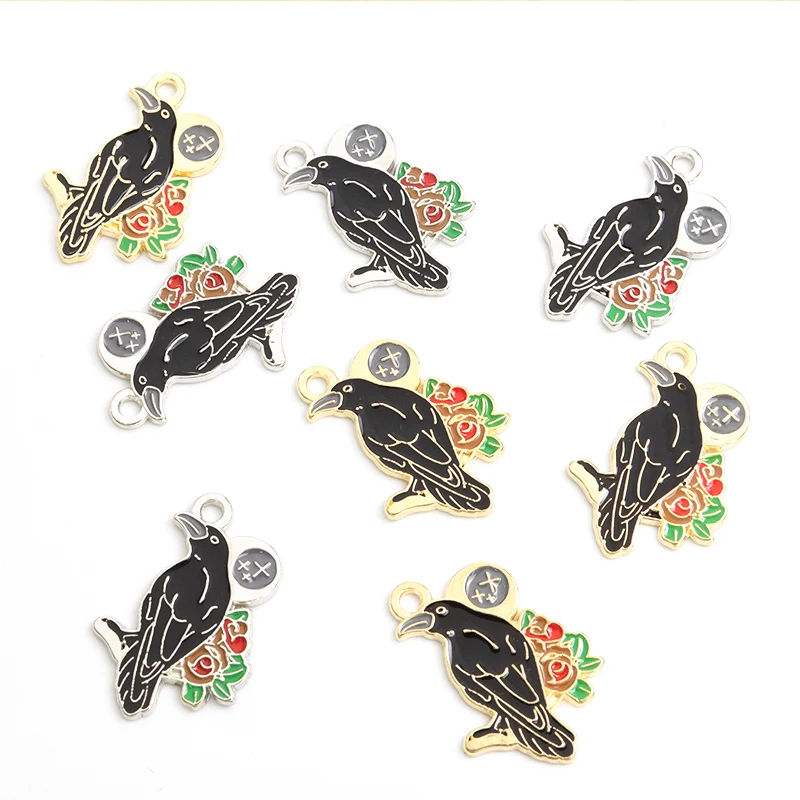 10 шт. эмалированные Подвески в виде черной вороны готический ворон цветок