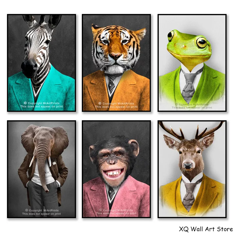 

Frog Elephant Quirky Portrait Art Print Posters Wall Picture Canvas Painting Animal Head Human Body Funny Living Room Home Decor
