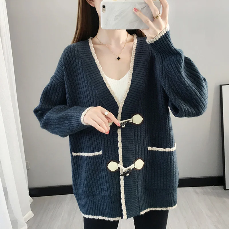 

Winter Autumn Fashion Knitted Sweater Women V-Neck Horn Button Big Pocket Cardigan Jacket Coat Loose Casual Knitting Tops Female