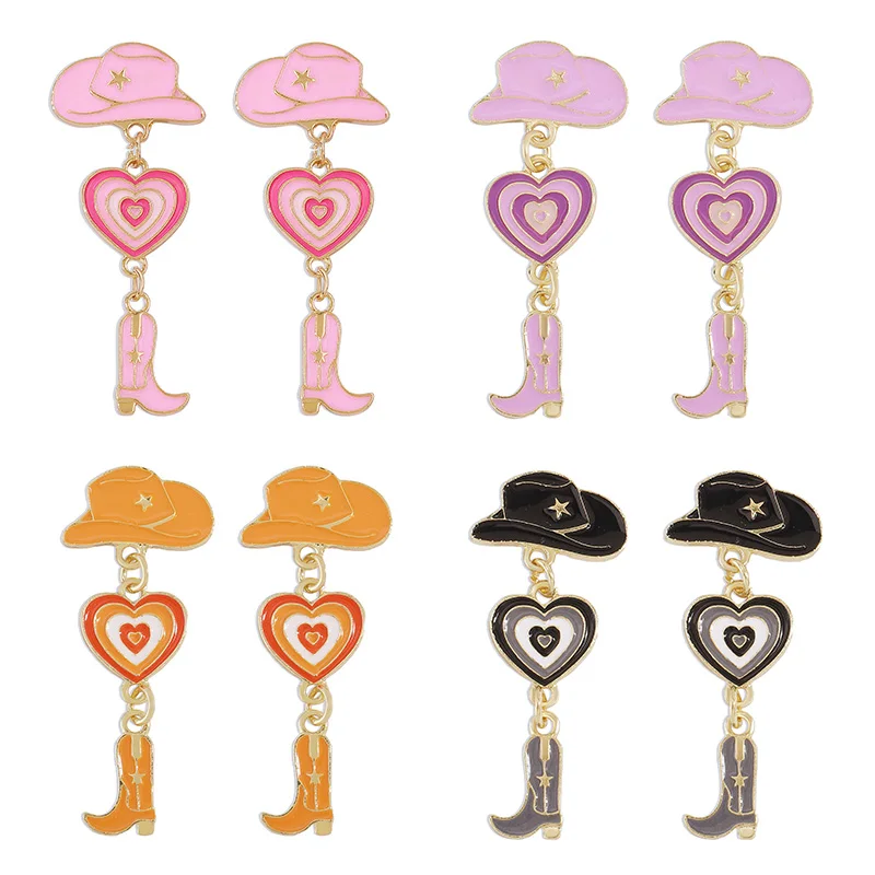 2023 Cool Fashion Hat Love Cowboy Boots Dripping Oil Pink Earrings for Women Vintage Statement Trend Pendant Alloy Woman Earring