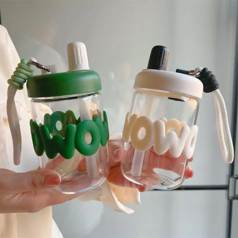 

Glass Cup Straight Drinking Straw Glass Portable Borosilicate Cup Silicone Leather Case Twist Cover Glass Water Juice Milk Cups