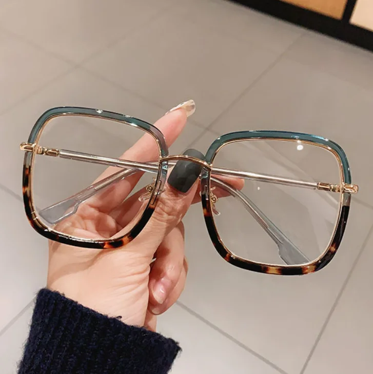

Green Clear Print Square Anti-blue Light Eyeglasses For Women Alloy Leopard Oversize Computer Myopia Glasses Frame Female Shades