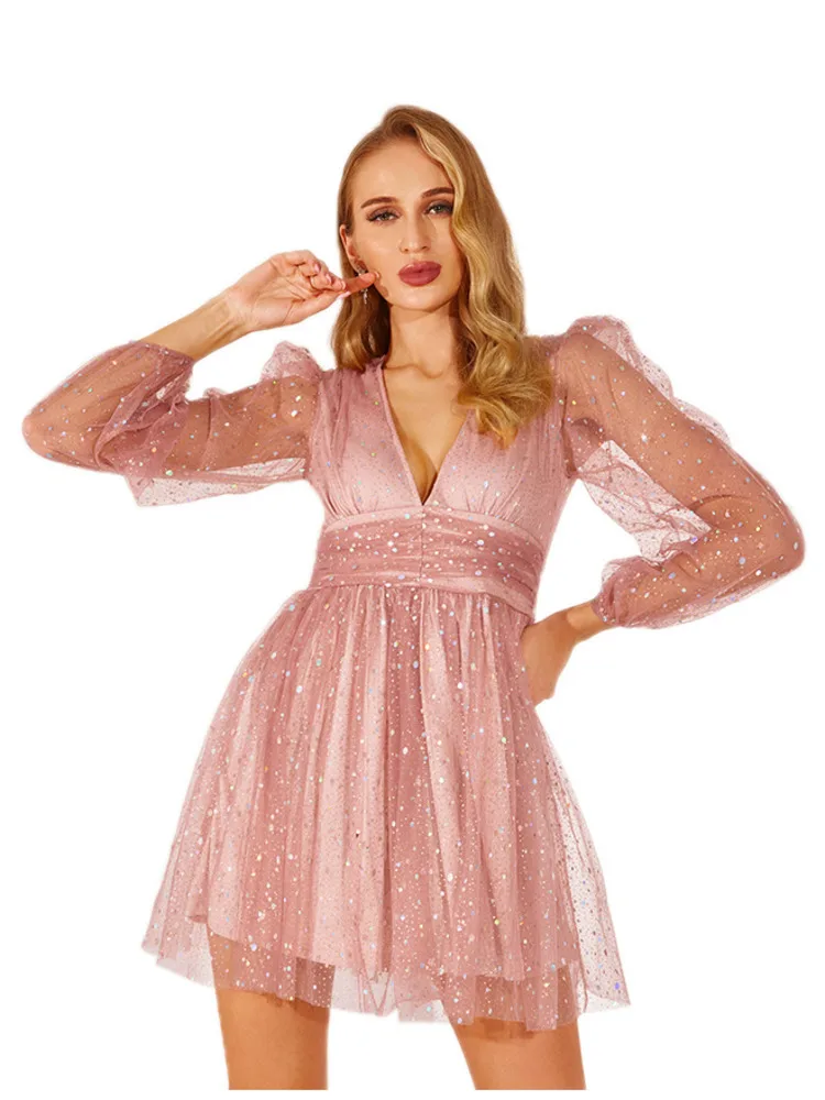 Женское платье SRUBY с V-образным вырезом сексуальное прозрачное длинными рукавами