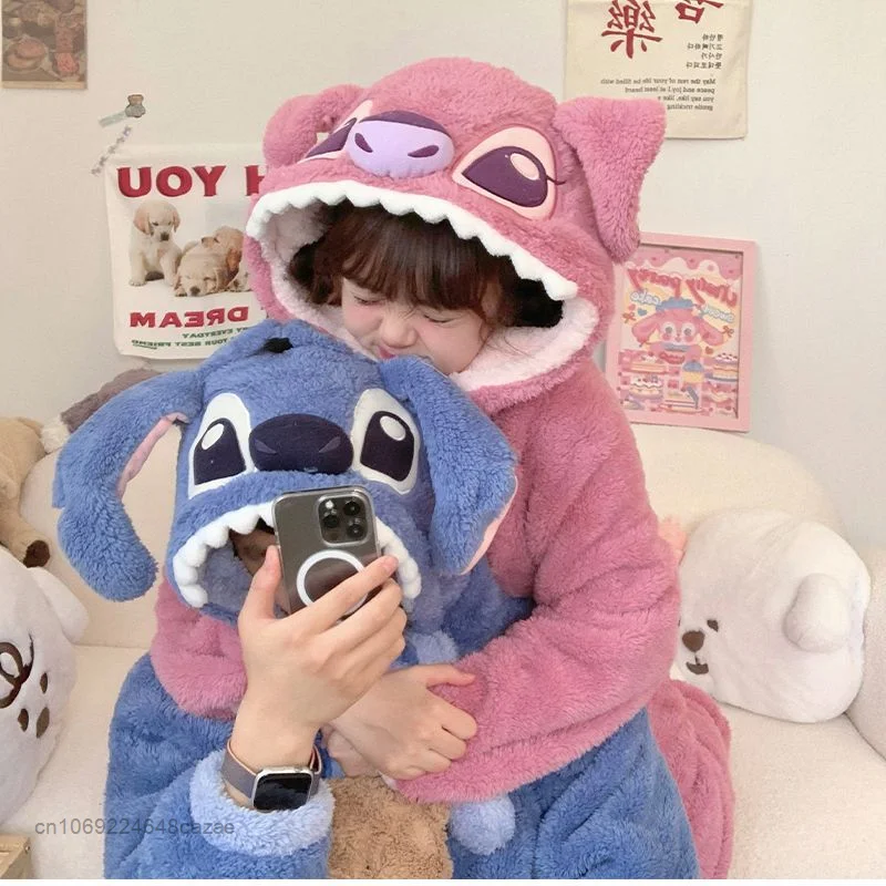 Disney Stitch Blue Pink Plush Pajamas Couple Cute Coral Velvet Pajamas Y2k Korean Warm Winter Flannel Housewear Suit For Women