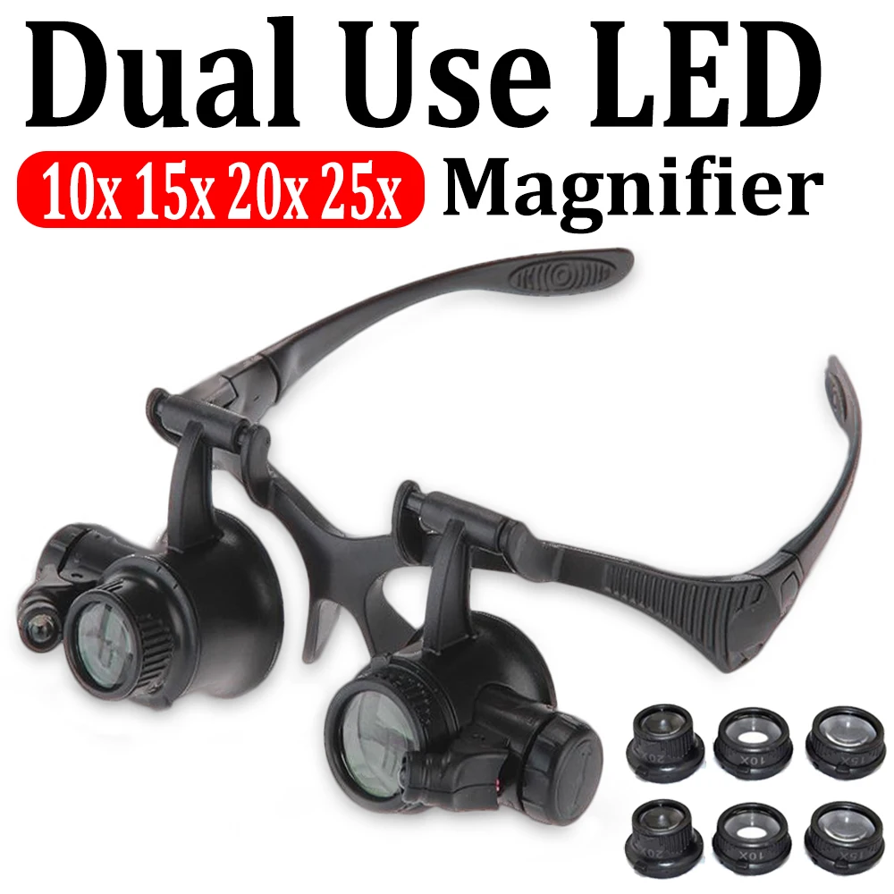 10X 15X 20X 25X LED Light Glasses Magnifier Jewelry Watchmaker Headband Optical Lens Glass Loupe Magnifying Glass Lupa