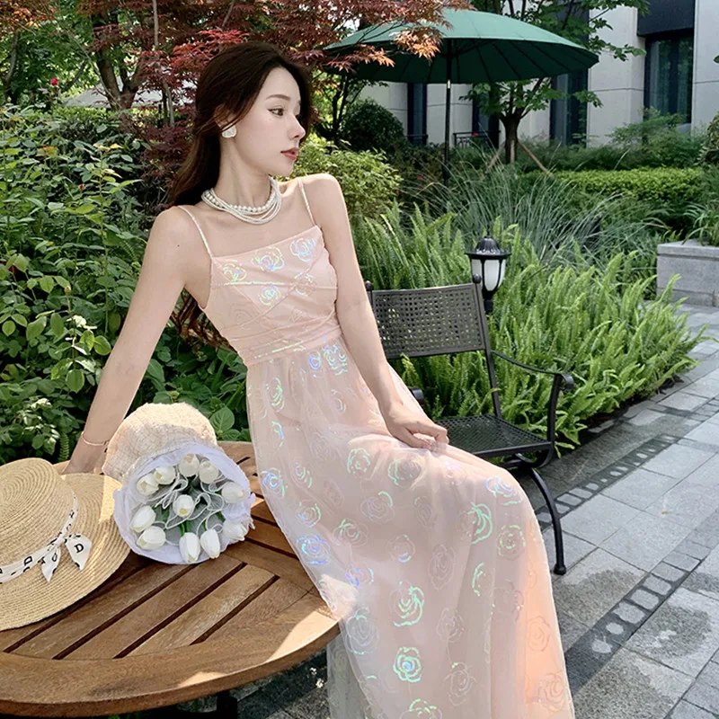 

BULOCHOVA New Summer Designer Sweet Mesh Sequin Spaghetti Strap Holiday Long Dress Women Slash Neck Sleeveless Slim Vestidos