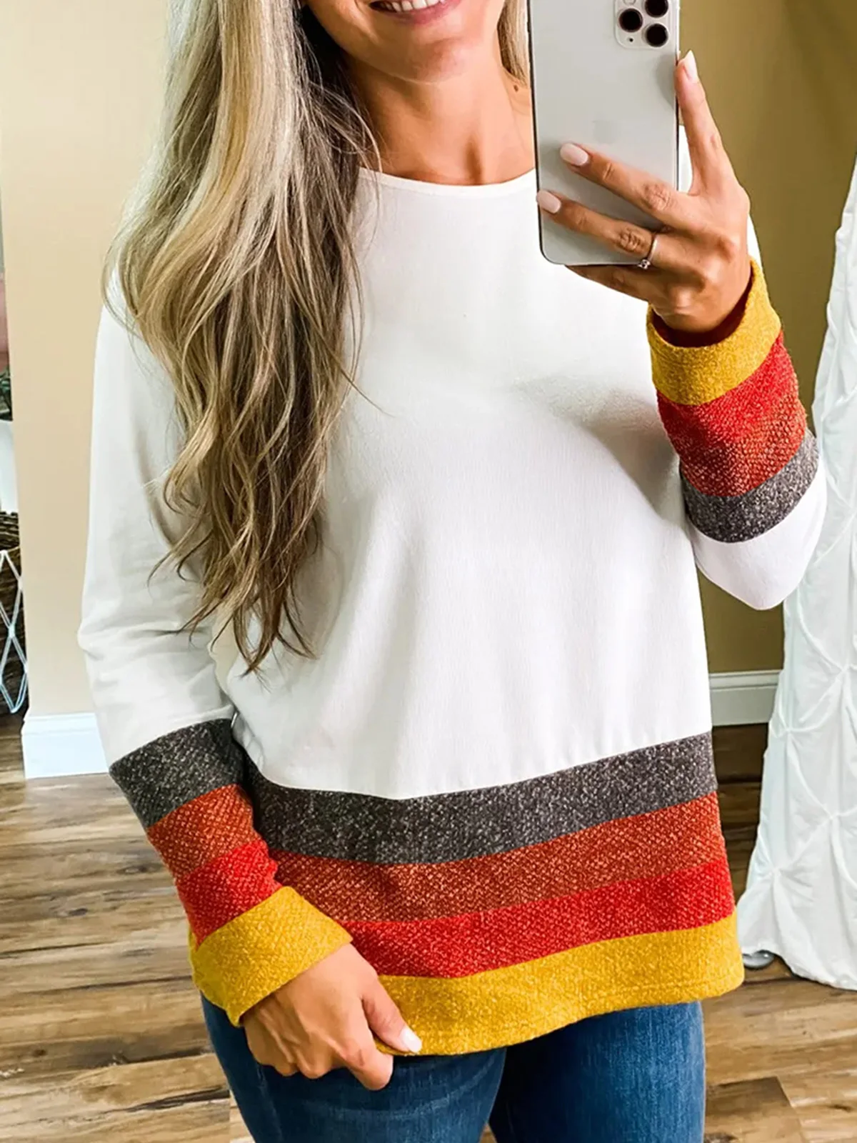 

2023 Autumn Striped Long Sleeve O-Neck Blouse White Casual Loose Vintage Women's Fashion Elegant Female Pullover Cozy Tops