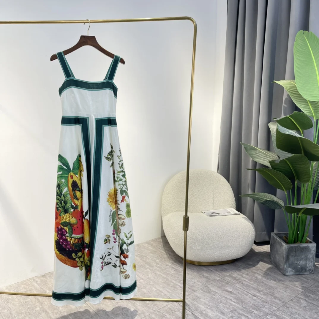 

2022 New Summer Ladies Top Quality Linen Spaghetti Strap Green Strip Flower Fruit Print White Floor Length Dresses