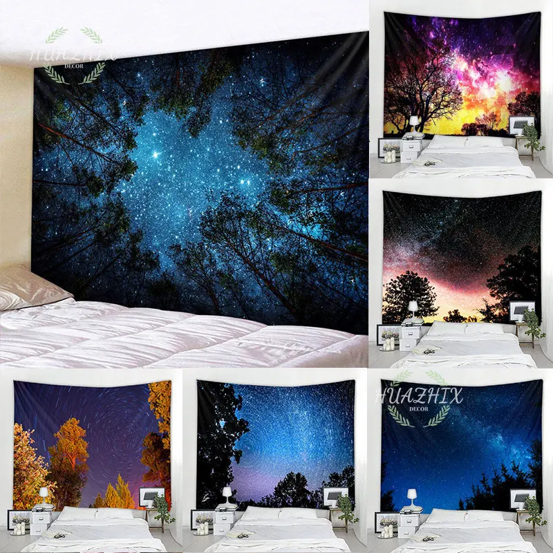 

Forest Starry Sky Tapestry Art Wall Hanging Psychedelic Trees And Stars Fabric Home Decor Polyester Table Cover Forest Night