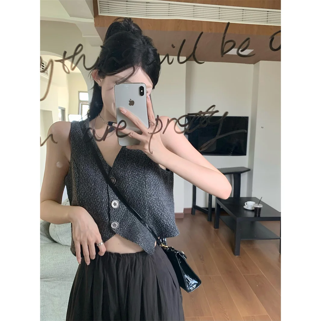 Корейский модный Маленький очаровательный стиль без рукавов черный жилет для