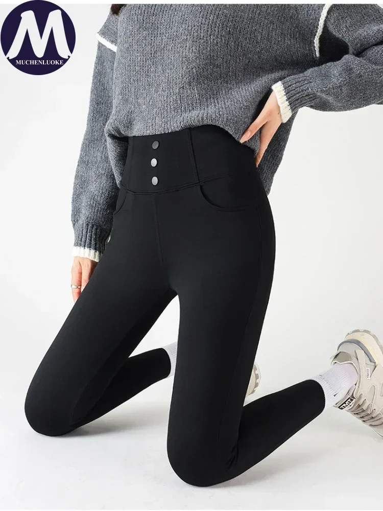 Черные леггинсы с карманами для женщин одежда теплые бархатные осенние