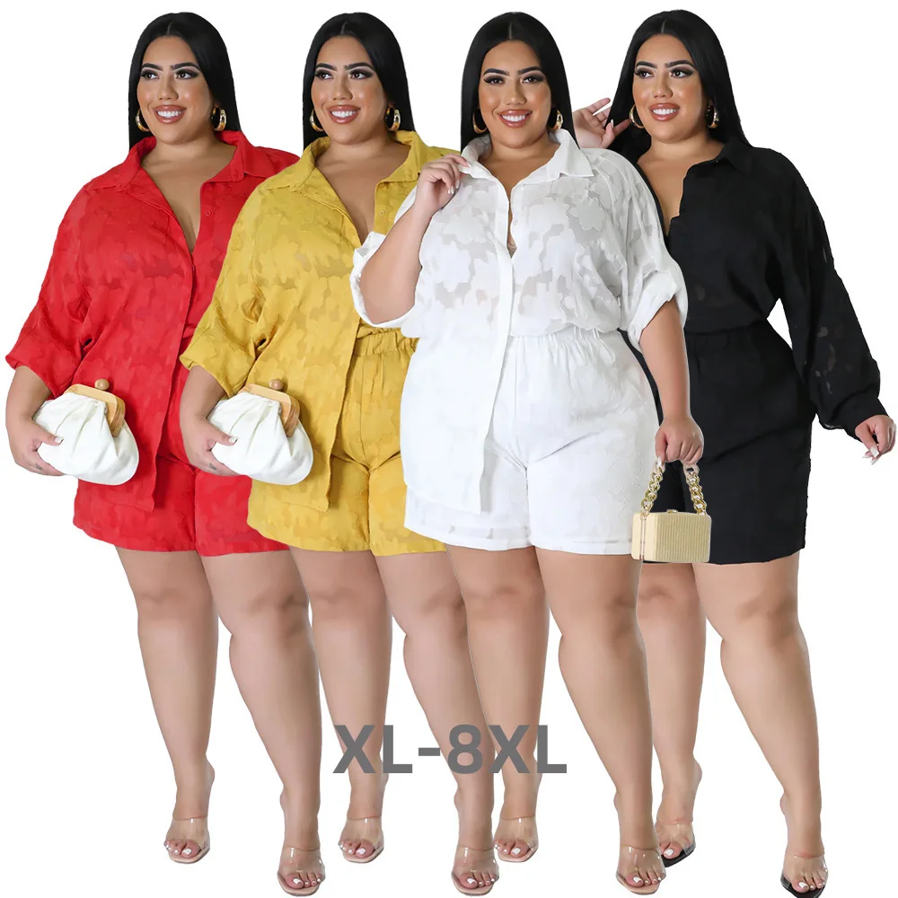 Plus Size Summer Women Shirt Two Pieces Set Hollow Out Shorts Chiffon Jacquard Club Suit Long Sleeves Turn Do 3xl 4xl 5xl 6xl