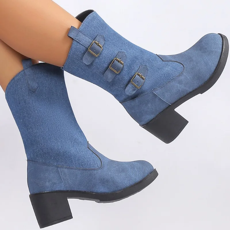 

2023 High Quality Women's Shoes Slip on Women's Boots Autumn Round Toe Solid Buckle Decoration Chunky Heels Mid Calf Boots
