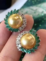 MJ Solid 925 Sterling Silver Round 12mm Nature Fresh Water Golden Pearls Studs Earrings for Women Fine Gifts
