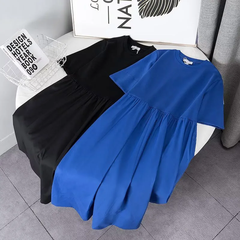 

SUFU Summer Mid Sleeve Spliced Slim Fit Long Dress Solid Round Neck Casual Simple Style Mid length Dress