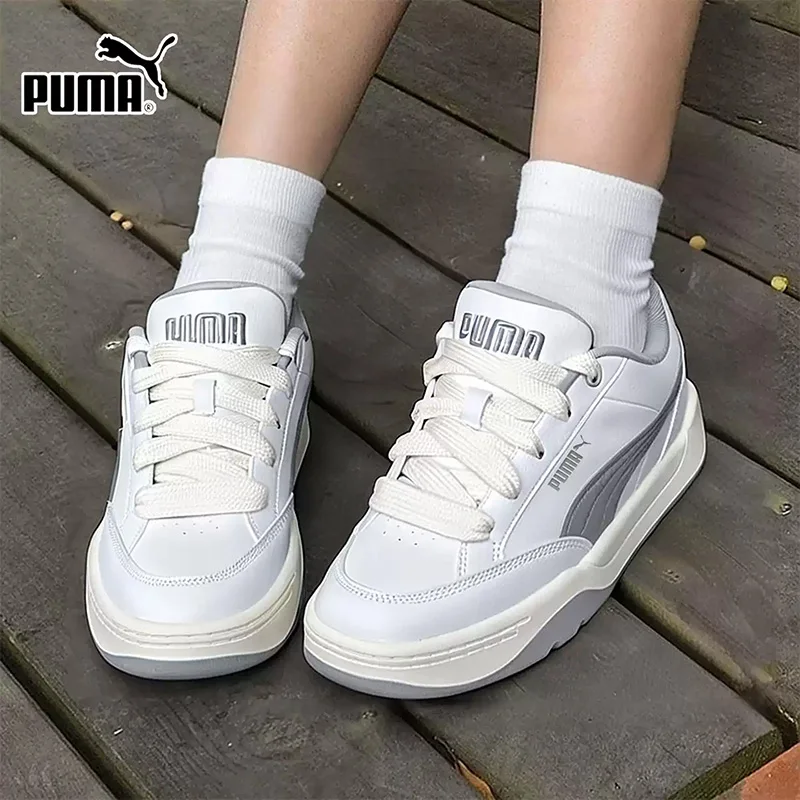 Фото Кроссовки PUMA белые с серым кожаным верхом, на толстых шнурках, с массивной подошвой, повседневные, для скейтбординга, 395084-01 №2