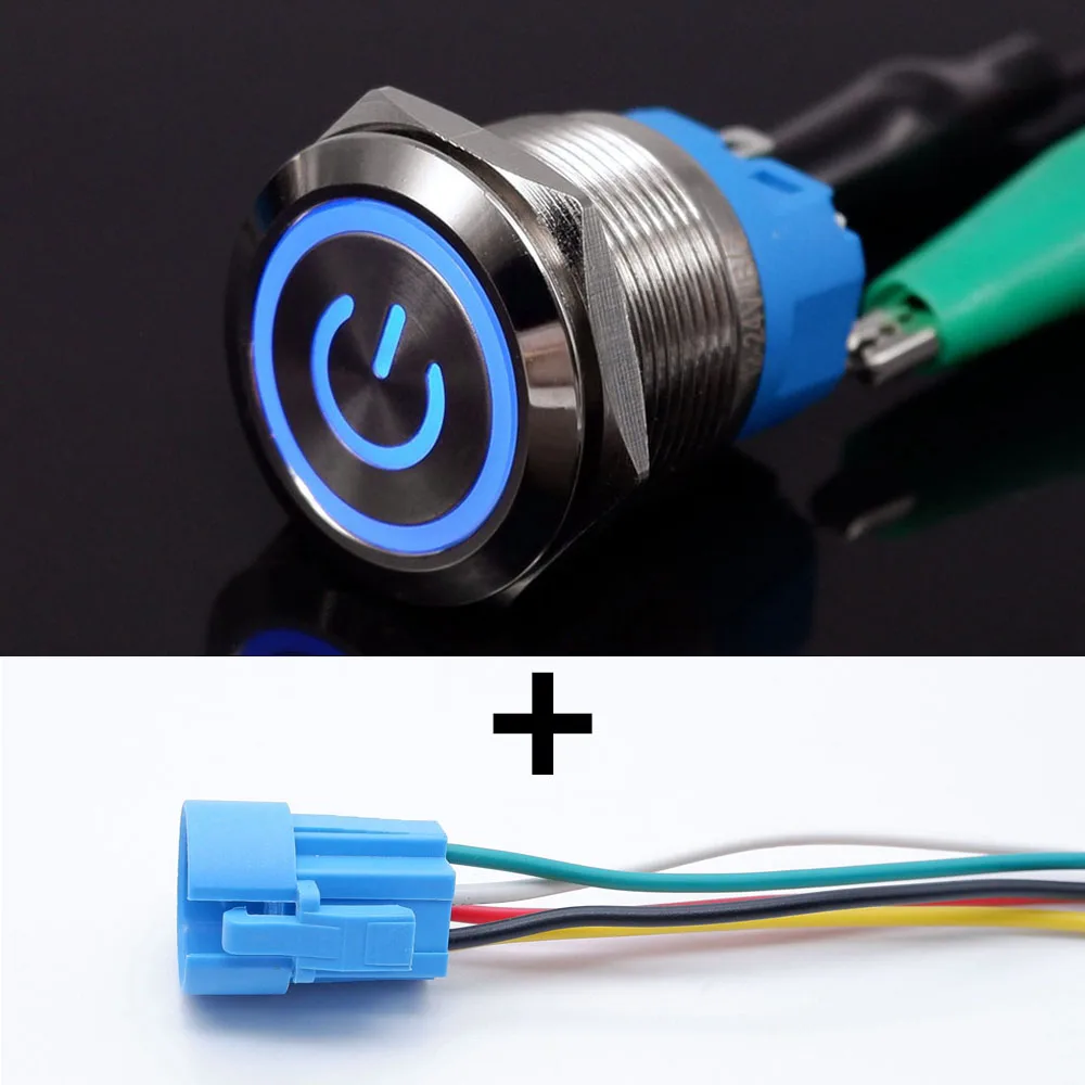 

16 мм 19 мм 22 мм Металлический кнопочный переключатель со светодиодной подсветкой Вкл. Выкл. Автомобильный двигатель Старт Стоп Водонепроницаемый с проводом 1NO1NC 5 В 12 В 220 В