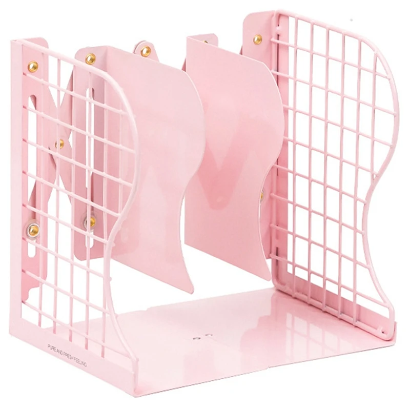 

Grid Metal Adjustable Reading Book Bookends Stand Holder Bookshelf Document Magazine Organizer Holder Pink