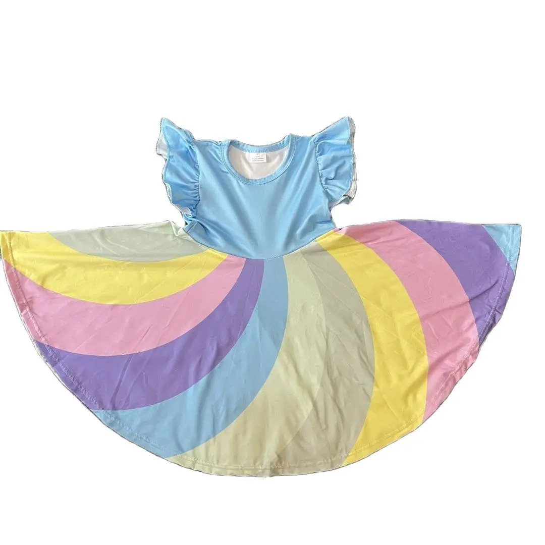 Boutique Girls Clothing Summer Short Sleeve Knee Length Dress Cute Rainbow Dress Children's Clothing Wholesale