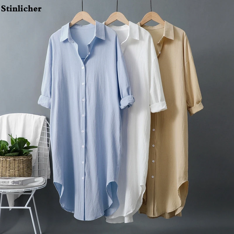 

Casual Loose Ladies Cotton Linen Long Shirt Dress Women Vintage White Midi Dress Korea Spring Summer Robe