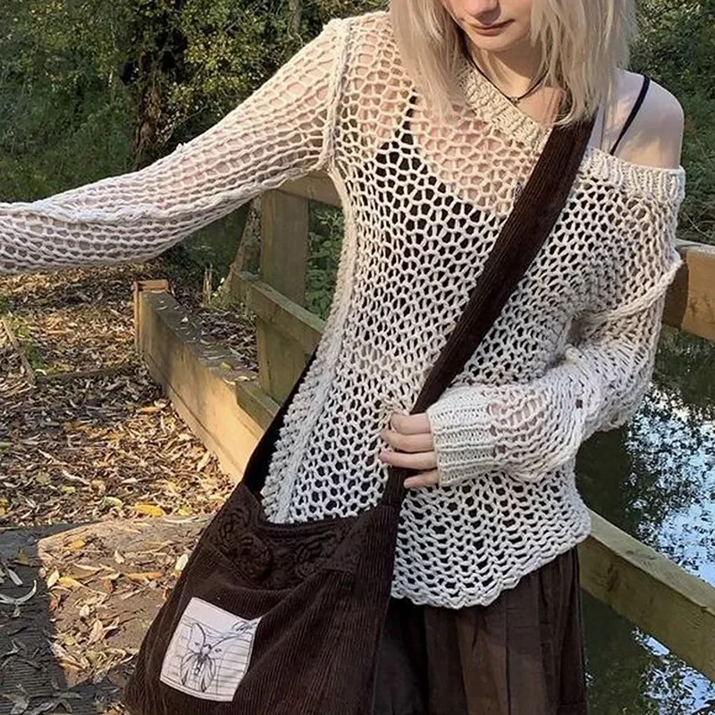 

New2022 y2k Vintage Knitted Hollow Out Pullovers Cover Up Tees Women Harajuku Fairycore Grunge Retro Streetwear Baggy Sweaters