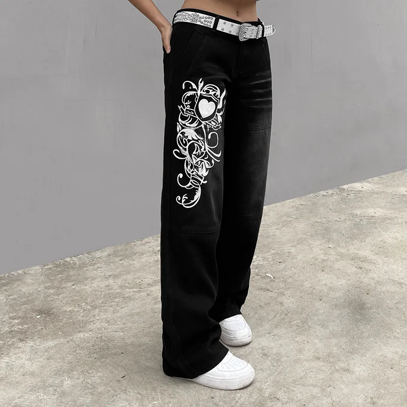 Streetwear Jeans Woman Baggy Jeans Printed Loose Zipper Fly Vintage Clothes Korean Fashion High Waist Straight Leg Jeans Women