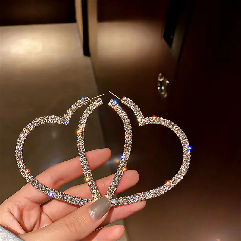 

New Fashion 925 Silver Needle Exaggerated Heart Cutout Crystal Hoop Earrings for Women Girl Accessories Jewelry Wholesale