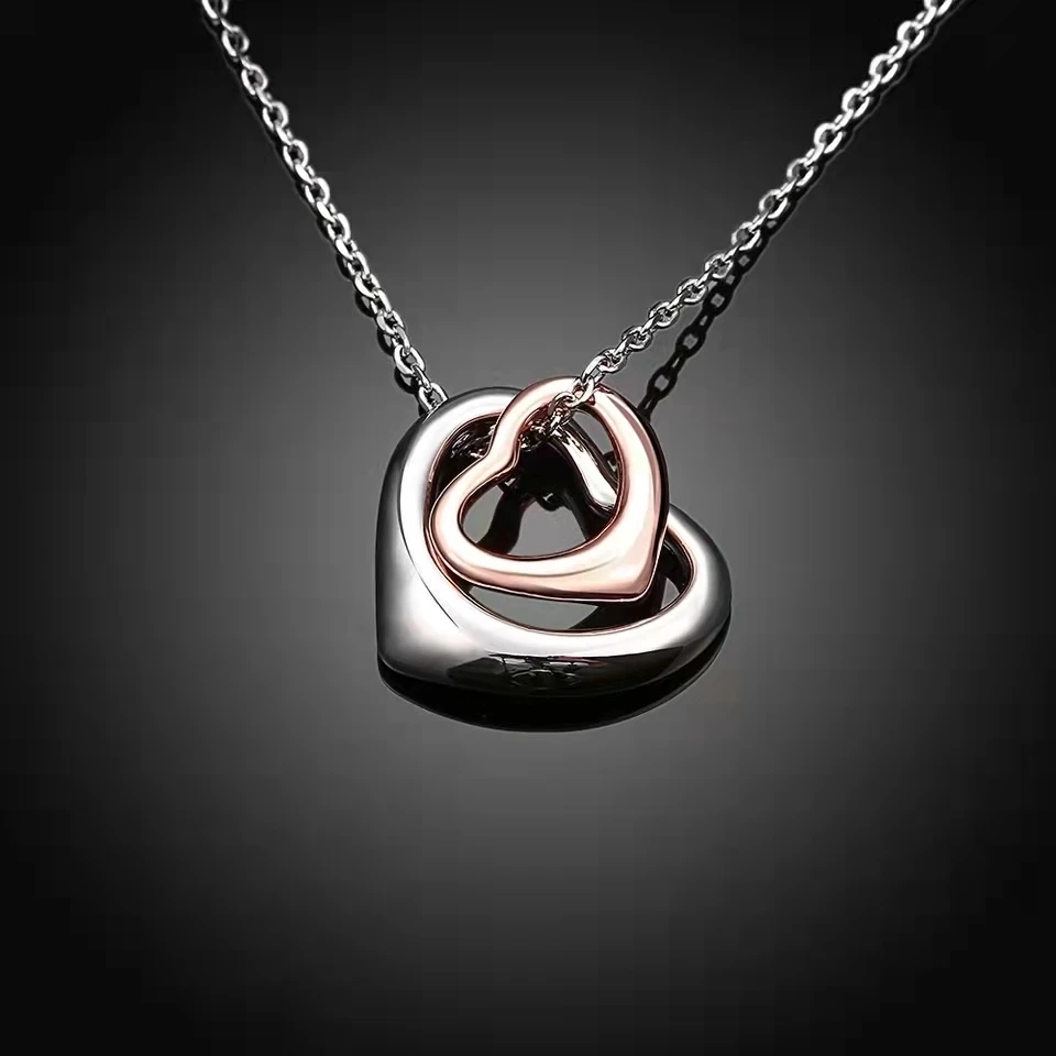 

S925 Sterling Silver Double Heart Pendant Necklace, Classic Fashion, High Quality Jewelry, Original 1:1, Birthday Gift
