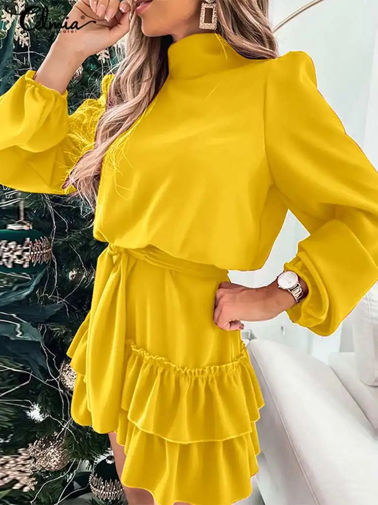 

Women Ruffled Mini Dress Celmia Long Puff Sleeve High Collar Solid Sundress 2022 Summer Elegant Belted Waist Party Short Robe